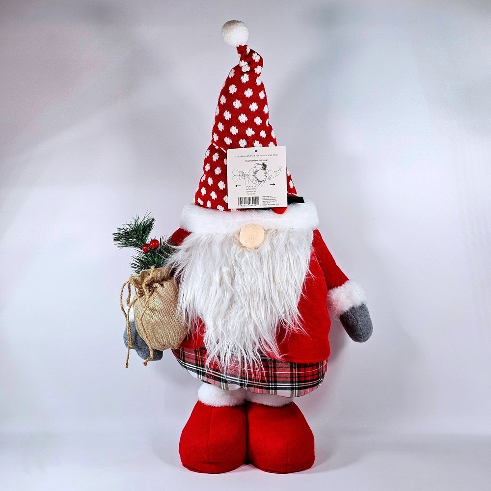 Holiday Time Floor Standing Gnome Expandable Christmas Decor Red Plaid 41" New